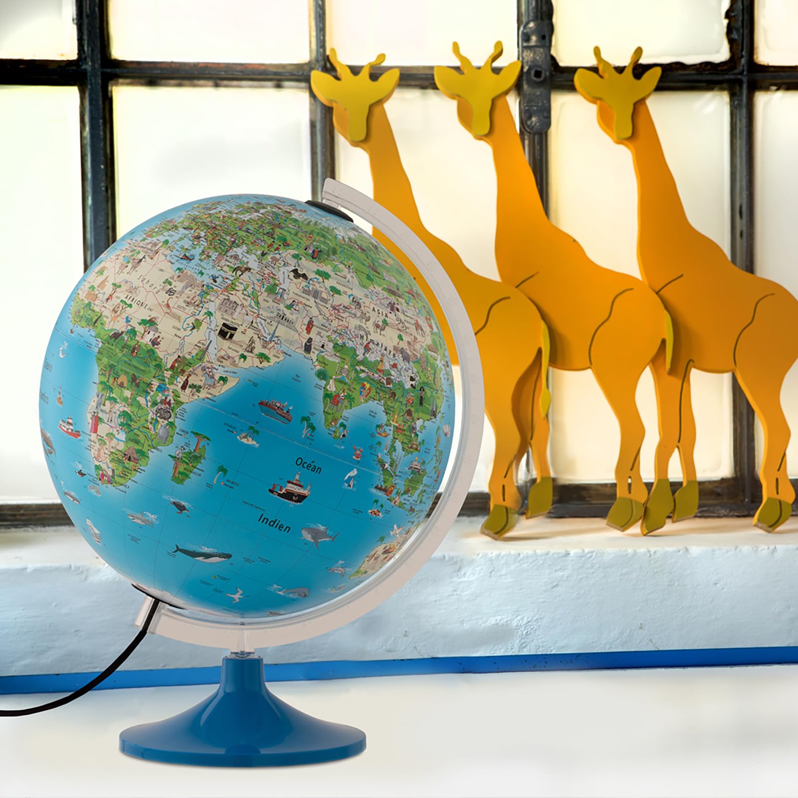 Tecnodidattica – Globe Atmosphere Family Solid pour enfants | lumineux, tournant sur son axe | cartographie illustrée et méridien gradué | diamètre 30 cm – textes en français