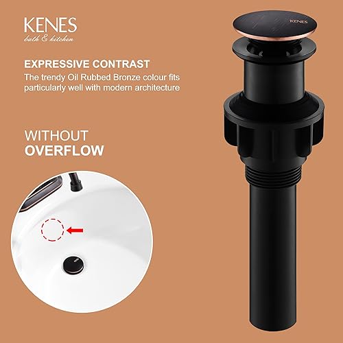 Miniatura 3 de KENES Desagüe desplegable de bronce aceitado para lavabo, tapón de drenaje para lavabo, montaje de drenaje de fregadero sin desbordamiento, anti