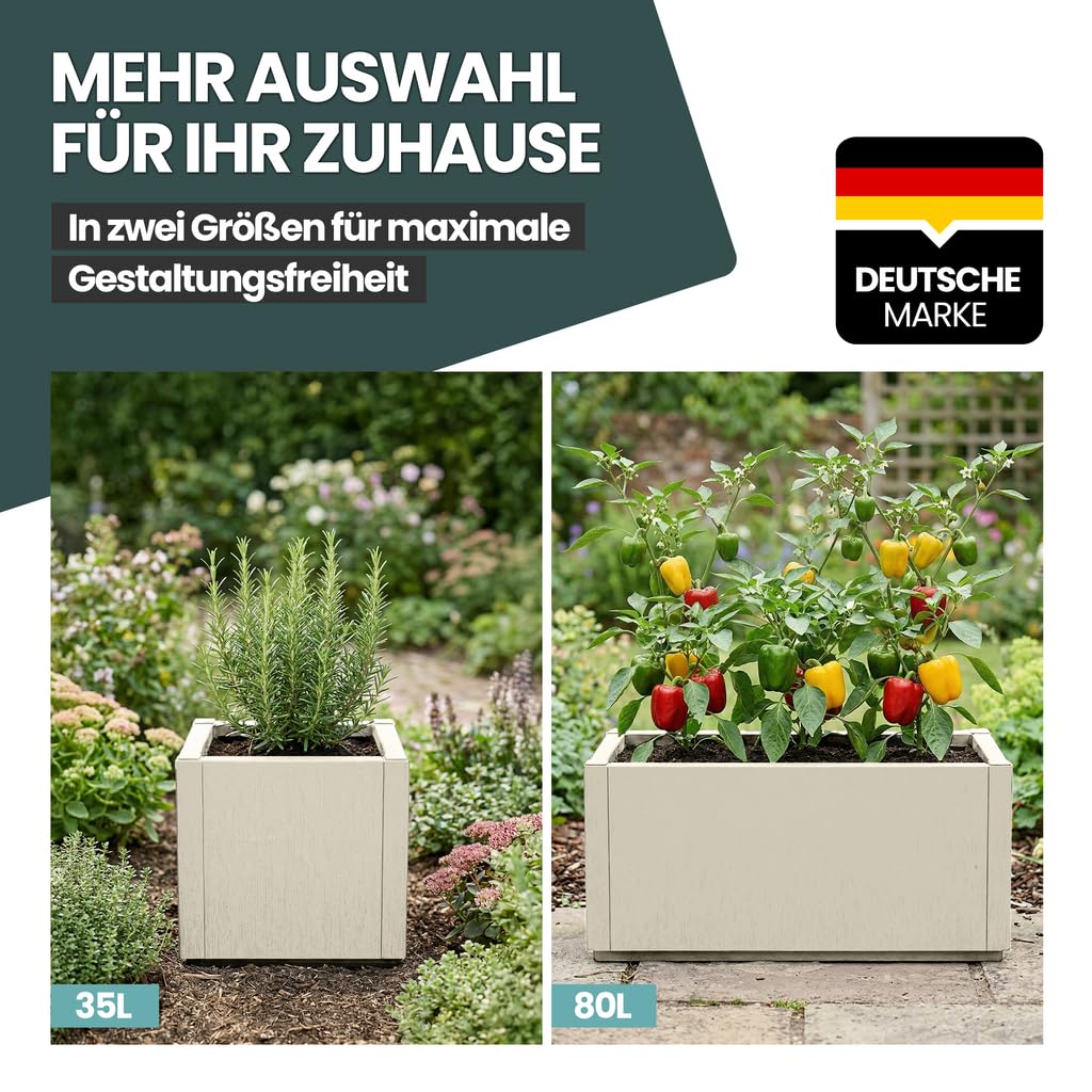 Kreher® XL Pflanzkasten Blumenkasten im Struktur-Design aus Kunststoff Maße BxTxH in cm: 80 x 36 x 36 cm. (Beige)