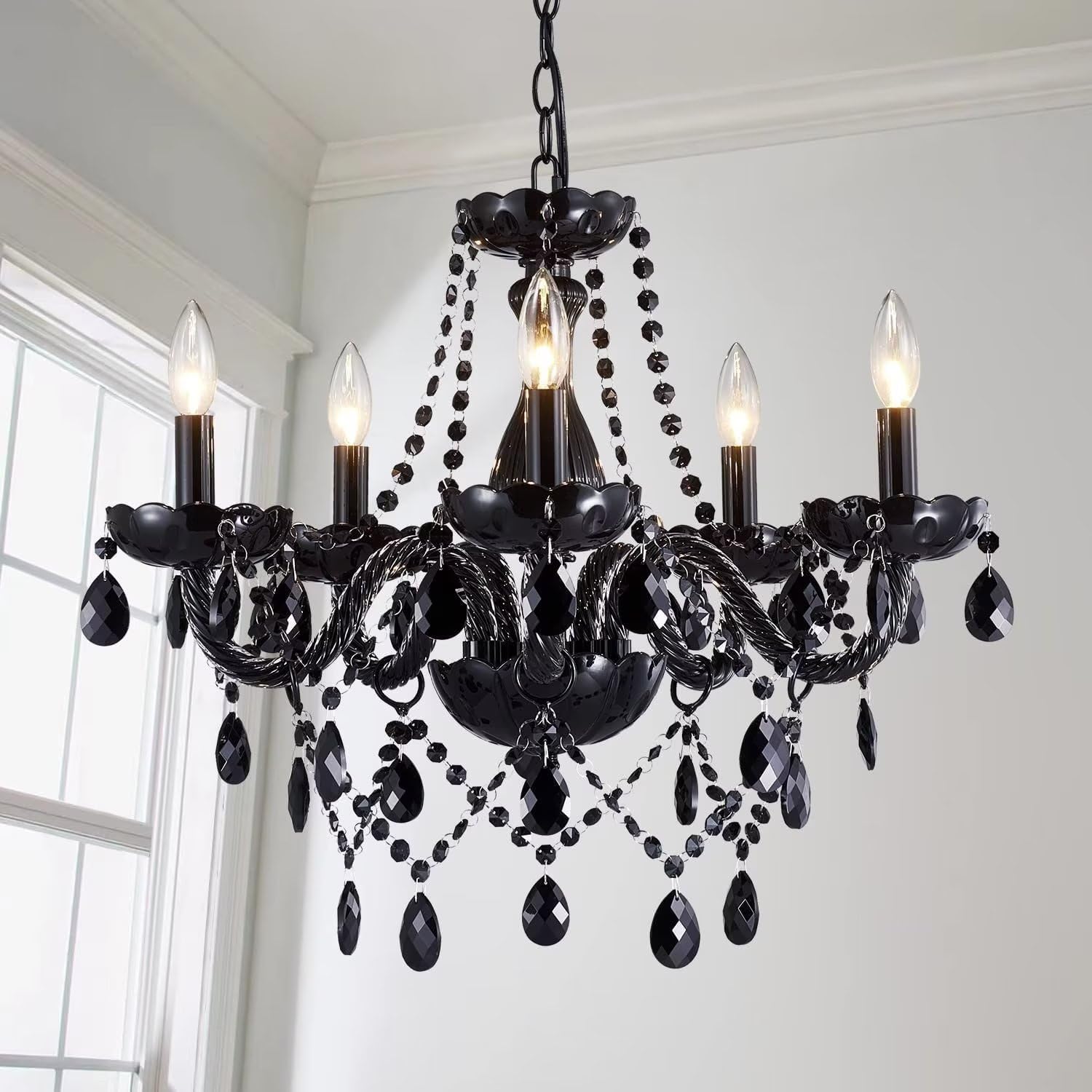 KLUFO Modern K9 Crystal Chandelier,Black Chandelier with 5 Lights E12 Base, Modern Pendant Ceiling Lighting Fixture for Dining Room,Bedroom,Living Room, (19×19 inch
