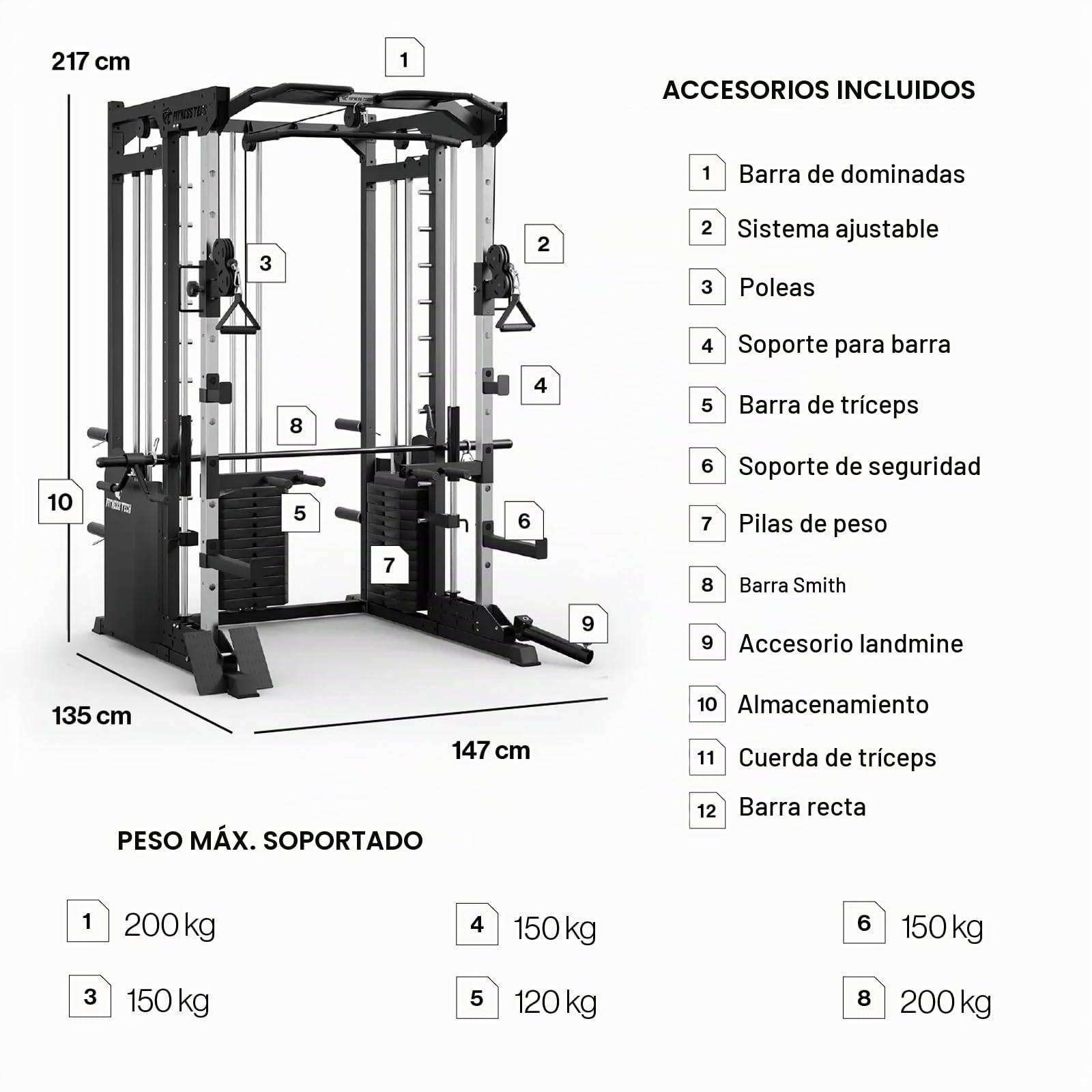 Smith Machine Modelo S 9000, Máquina de Musculación Completa, Entrenamiento de Todos los Grupos Musculares, Alta Resistencia, Gimnasio en Casa, 135x147x217 Cm
