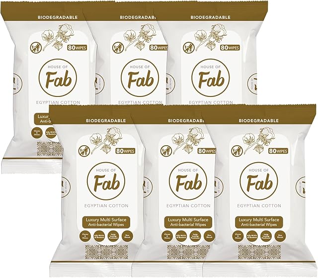 Fabulosa House of Fab Luxury Multi Purpose Antibacterial Multi Surface Wipes, Premium Cleaning Wipes, Biodegradable Disinfecting Wipes, 480 Prestige Antibac Wipes, 6 Pack, Egyptian Cotton