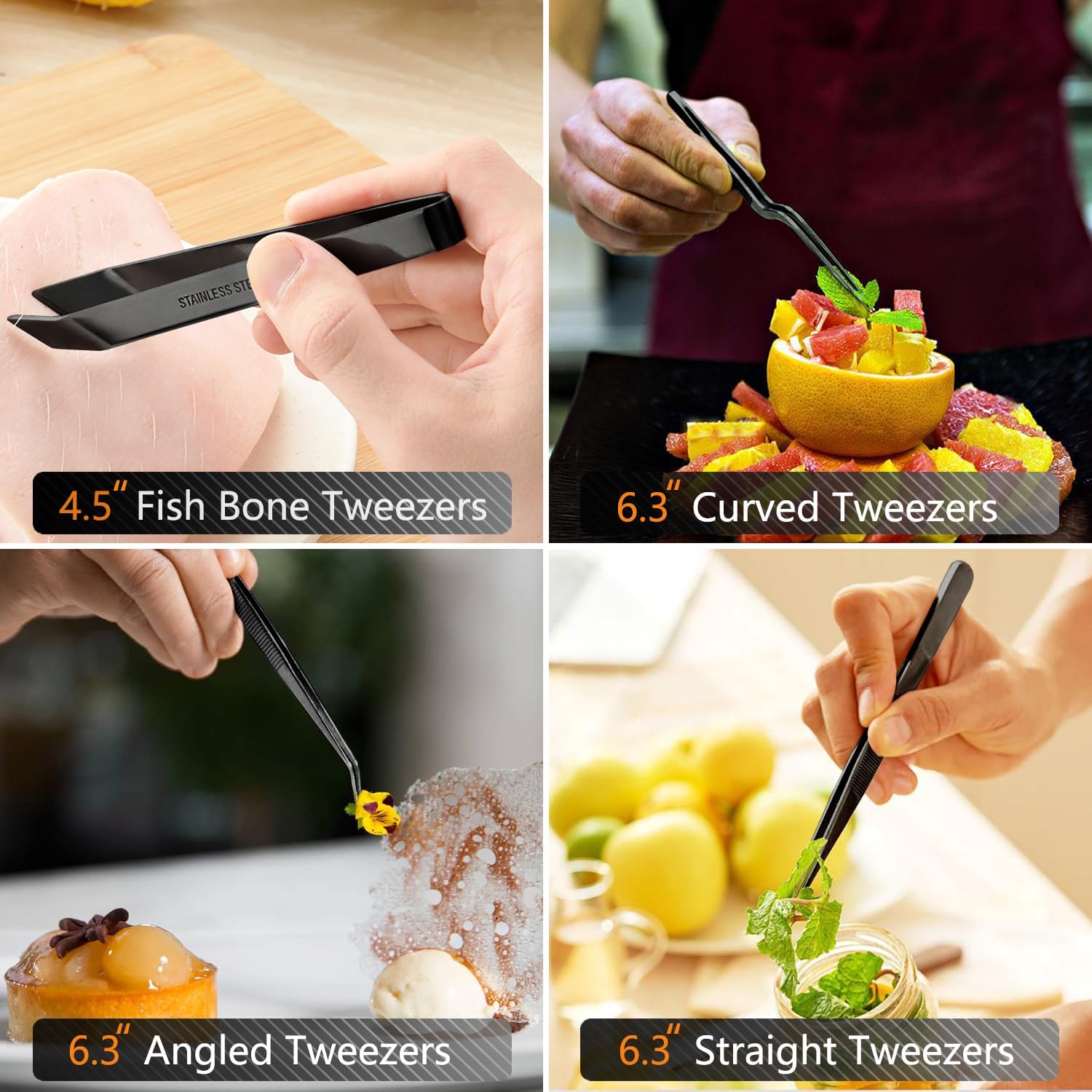 JETKONG 6 Pcs Cooking Tweezer Tongs, 12'' and 6.3" Stainless Steel Kitchen Tweezer Set, Professional Chef Tweezers for Cooking, Repairing, Sea Food, BBQ, Multi-use (Black) thumbnail