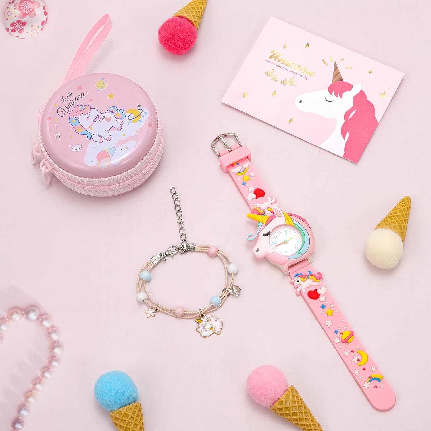Zegarek dla dziewcząt i dzieci kwarcowy uroczy 3D kreskówka dla dziewcząt od 3-10 lat Pink Unicorn