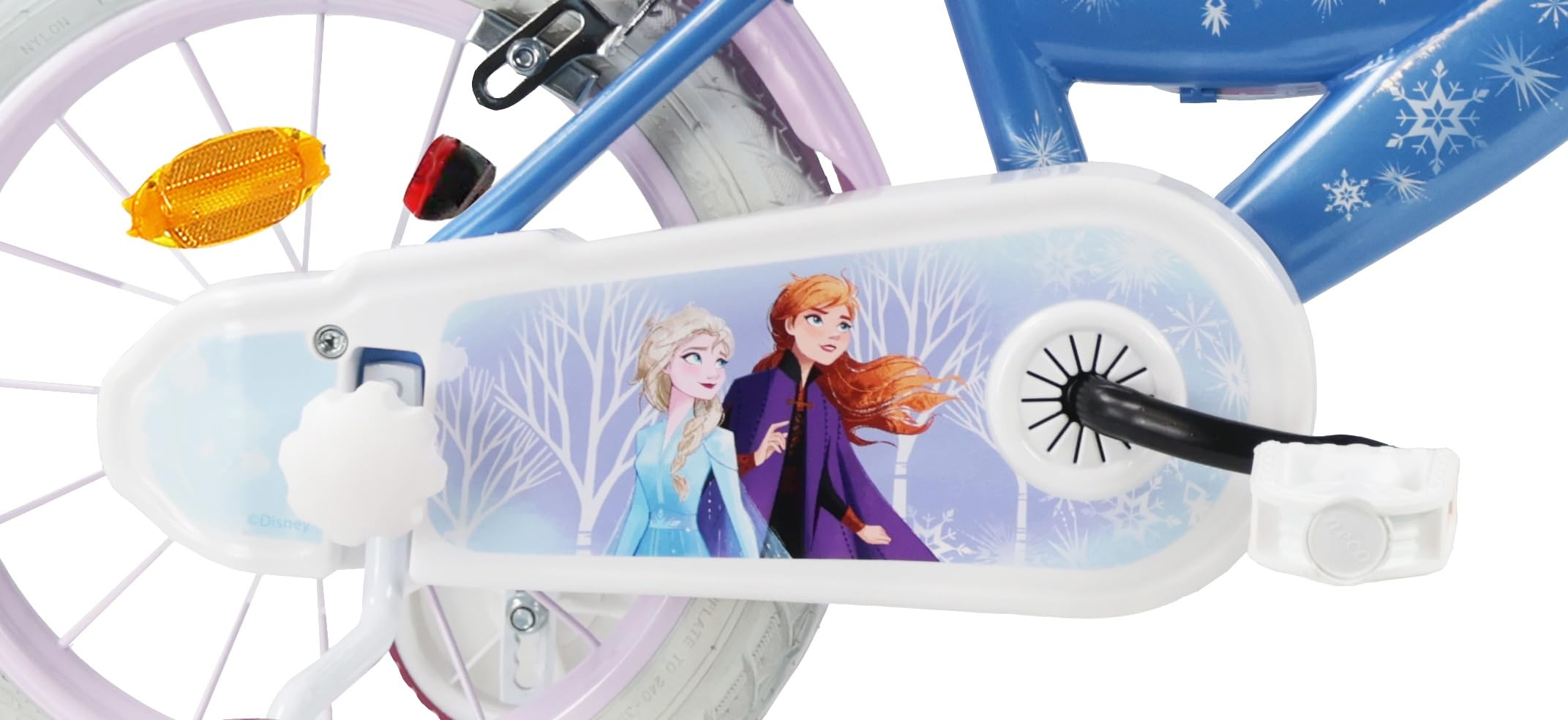 Vélo Reine des Neiges 14'' Fille équipé de 2 Freins Caliper - Roue Libre - Pneus Gonflables - Jantes aciers avec Rayons - Panier Avant - Porte-poupée arrière - Garde-Boue - 2 Stabilisateurs