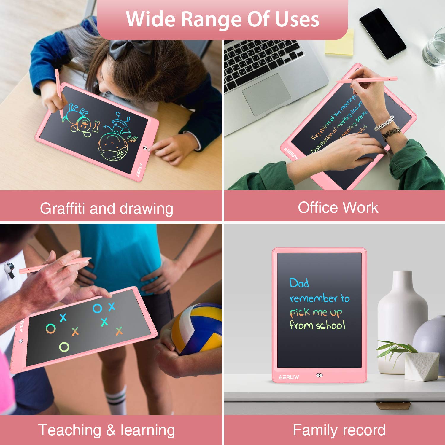 LCD Writing Tablet Colorful 10 Inch Electronic Graphics Doodle Board eWriter Drawing Pad with Memory Lock Gift for Kids & Adults Home School Office Handwriting Tablet -Pink — view 6