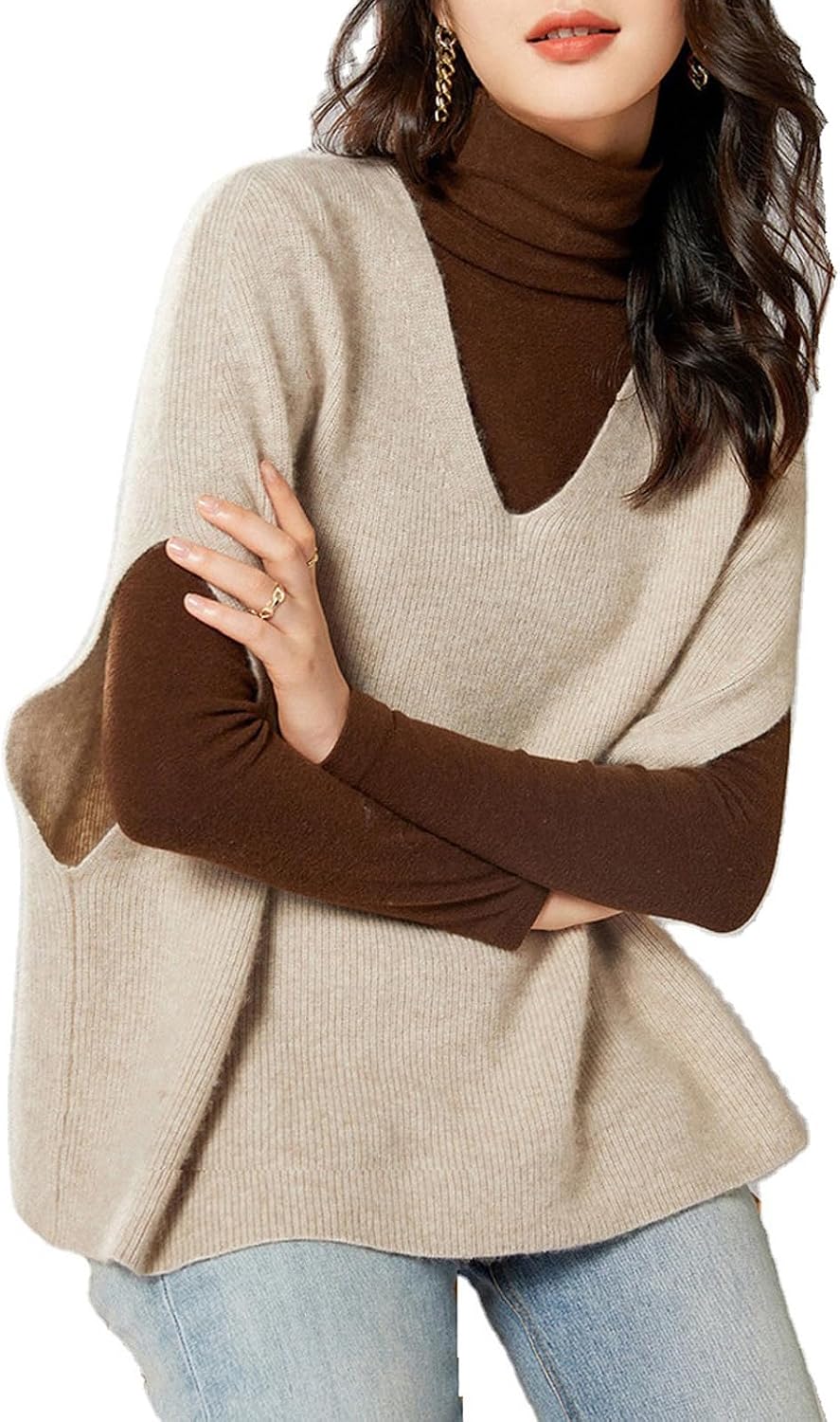 Women's Sweaters Vest 100% Pure Original Wool Fashion V Neck Sweater Shawl Vest Loose Fitting