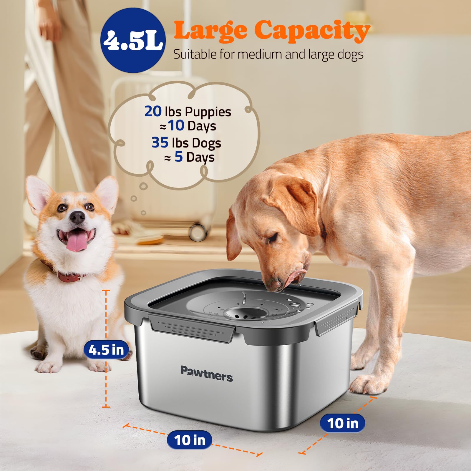 Cuenco de agua para perros antiderrames: cuenco grande de 4.5 L para perros sin derrames, cuenco de agua de acero inoxidable a prueba de derrames, cuenco de agua lento para perros, cuenco de agua sin