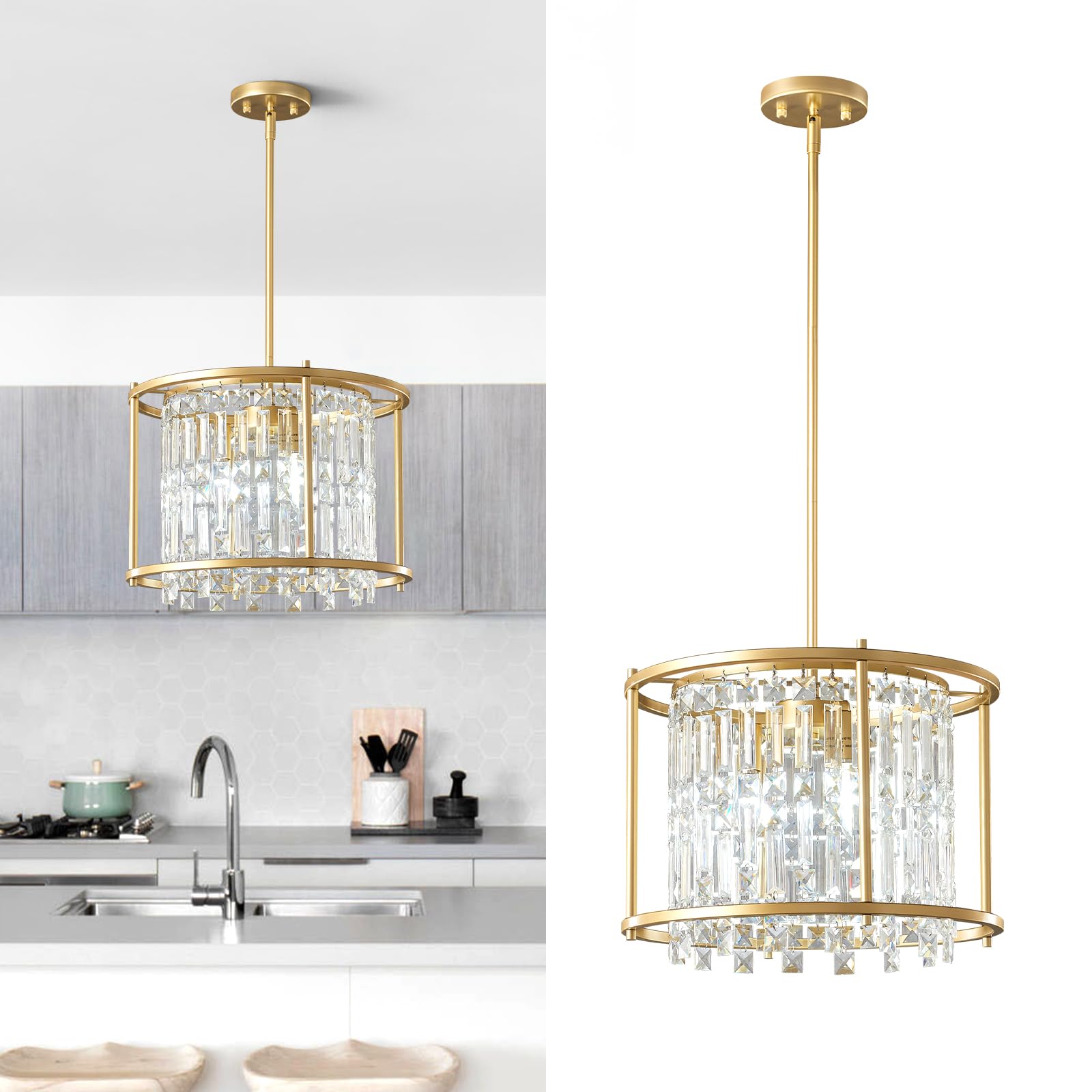 Dining Chandelier Light Fixture 15.74 inch Round Industrial Farmhouse Chandelier Gold Metal Crystal Pendant Light for Kitchen Island Dining Room Flat and Inclined Ceiling (3-Light)