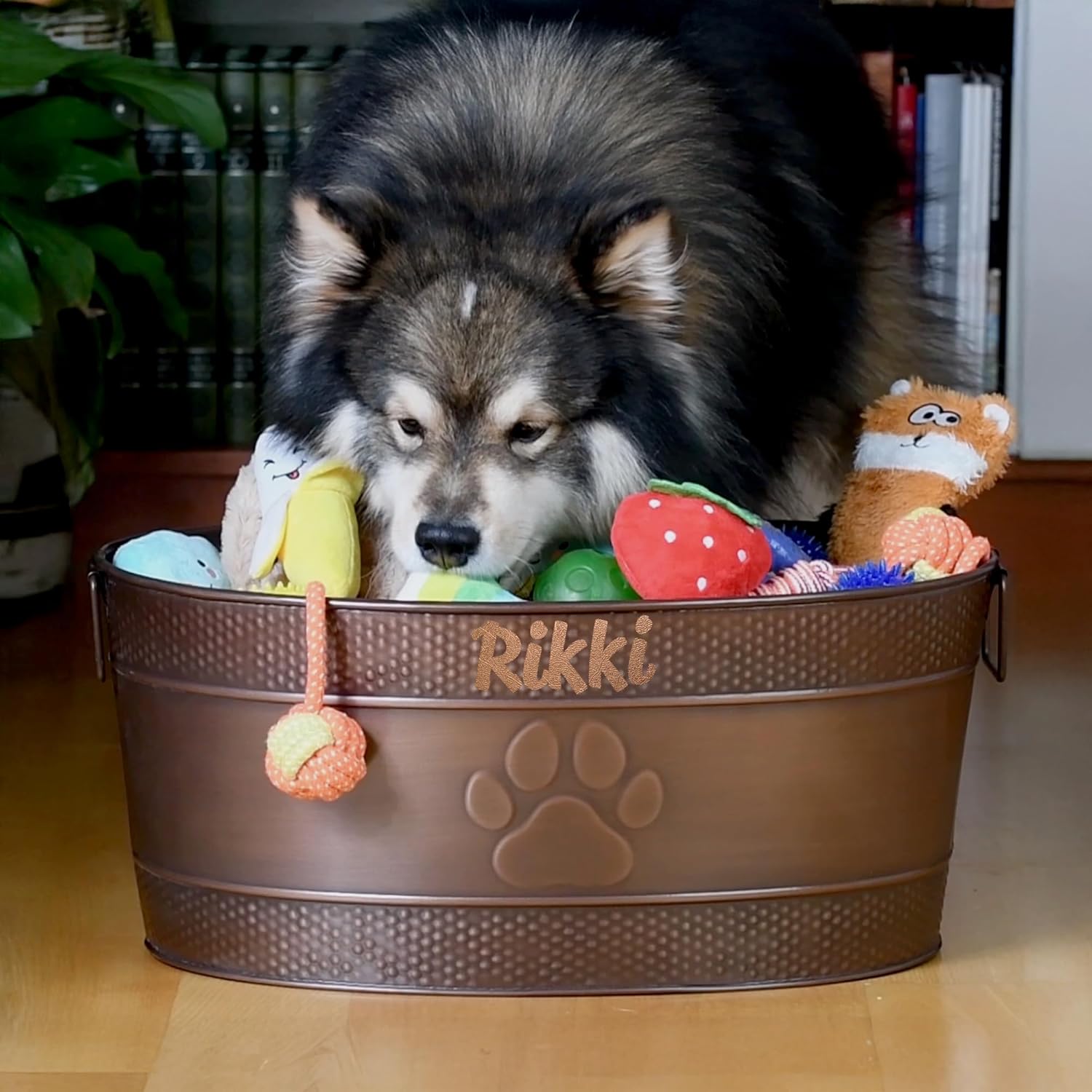 BREKX Personalized Metal Dog Toy Box - Copper Galvanized Storage Bin with Handles, Organizer Storage Basket for Pet Toys, Blankets, Leashes - (25 Quart)