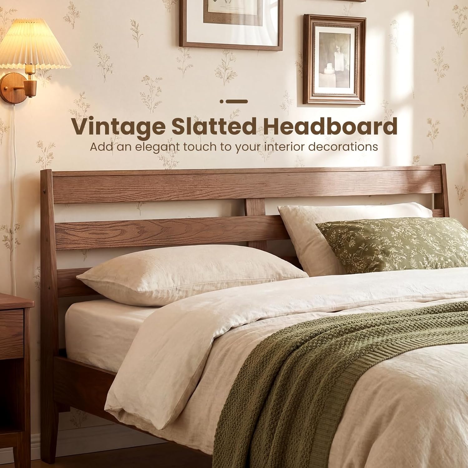 Giantex Queen Size Bed Frame with Slat Headboard, Mid-Century Wood Platform Bed, Wooden Slats Support Mattress Foundation, Under-Bed Storage Space, No Box Spring Needed, Caramel Brown