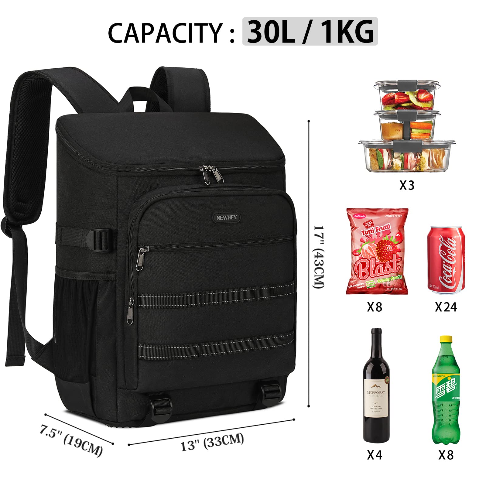 NEWHEY 30L Kühlrucksack Wasserdichten Isoliert Kühltasche Groß Picknickrucksäcke Leicht Lunch Tasche Rucksäcke Cooler Bag für Camping BBQ Wandern Picknick Schwarz