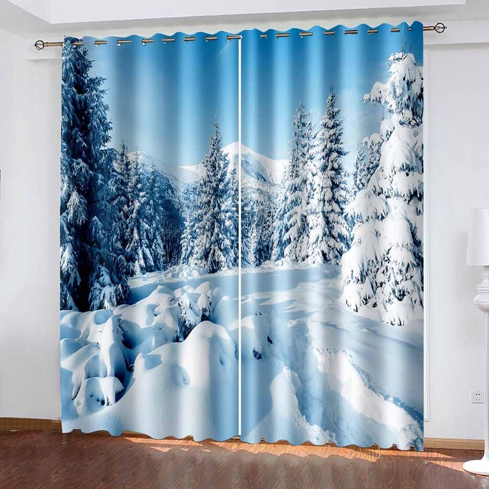 2er Set Vorhang Set Blickdicht,2 x 214W x 229H cm,Vorhänge Ösenringe Schneefallwaldlandschaft Gardine Vorhang für Schlafzimmer Blau Grau Weiß
