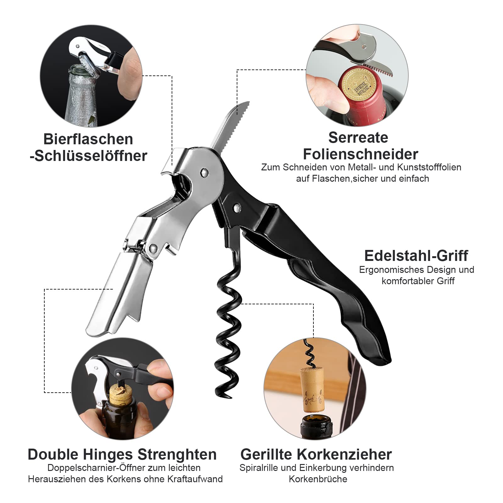 Korkenzieher Weinflaschenöffner mit Weinverschluss Corkscrew Edelstahl 2 in1 Flaschenkorkenzieher Set mit Folienschneider Wein Öffner Screwpull Flaschenstopfen Weinöffner für Camping, Zuhause, Küche