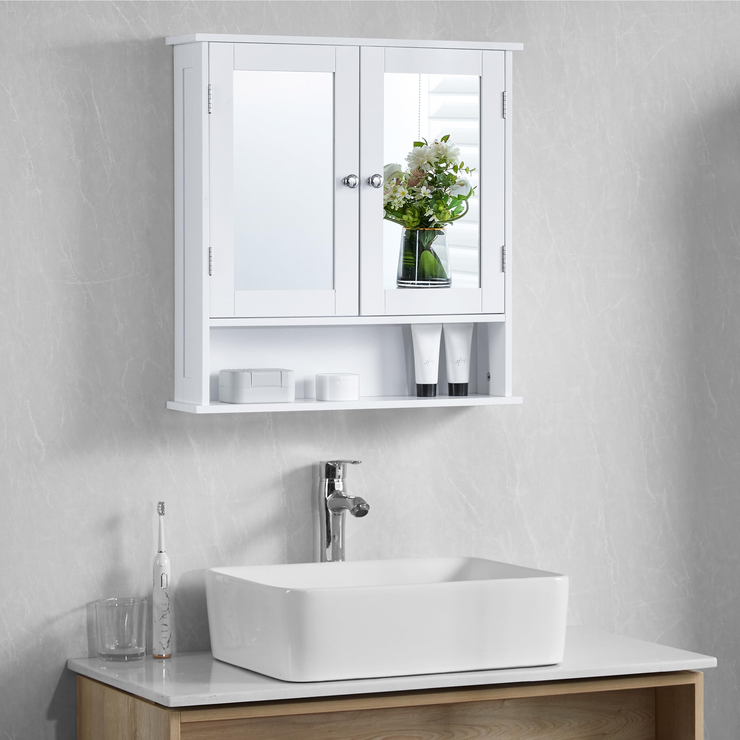 Double Door Bathroom Cabinet, Wood, White, Mirrored Wall Mounted Storage Furniture