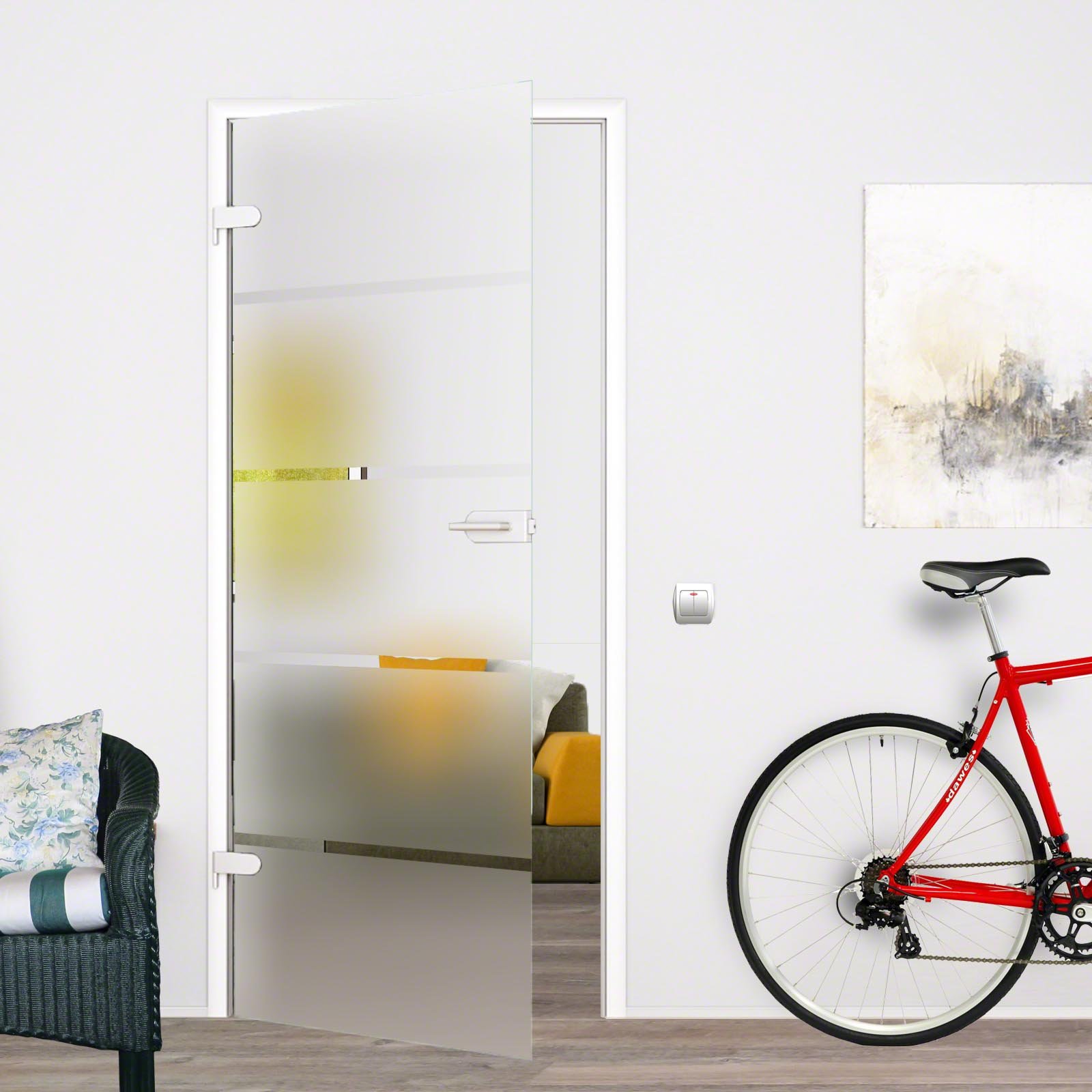 ARX: Glasdrehtür, ESG Glas 709x1972x8mm, DIN links, Siebdruck P1, mit Beschlag inkl. Aufnahme für Profilzylinder OHNE Profilzylinder