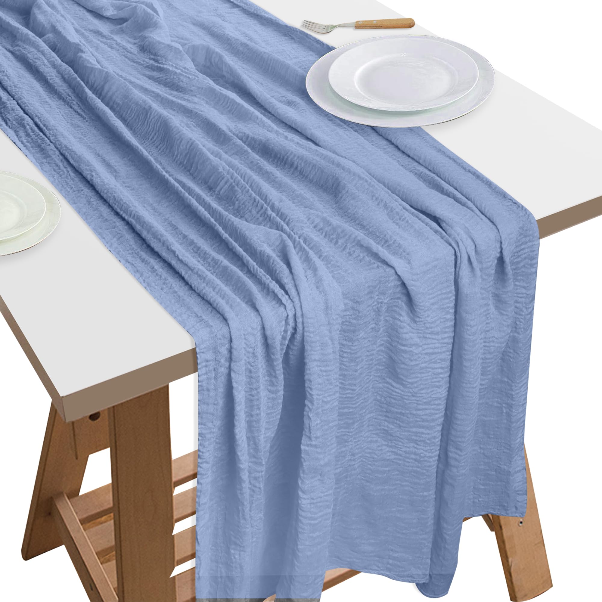 Auliuse Blue Cheesecloth Table Runner, Sage Green Rustic Gauze Fabric 90X300cm Boho Table Runner For Wedding Bridal Shower Birthday Party Table Decoration
