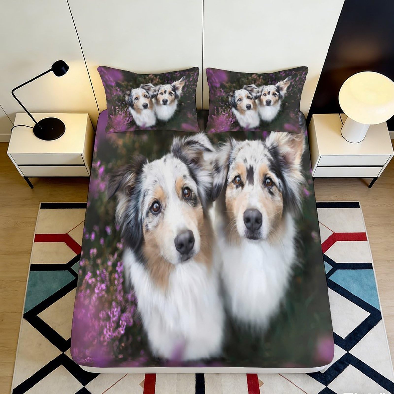 3D Printed Australian Shepherd Fitted Sheet Microfiber Soft Breathable Dog Pattern Mattress Cover for Bedroom Dormitory Guest Room Protection Decor 140x200x25cm