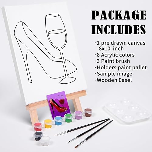 Miniatura 6 de VOCHIC Kit de pintura y sorbo Kit de pintura en lienzo predibujado para adultos, kit de suministros de fiesta con imagen para pintar, 1 caballete, 8