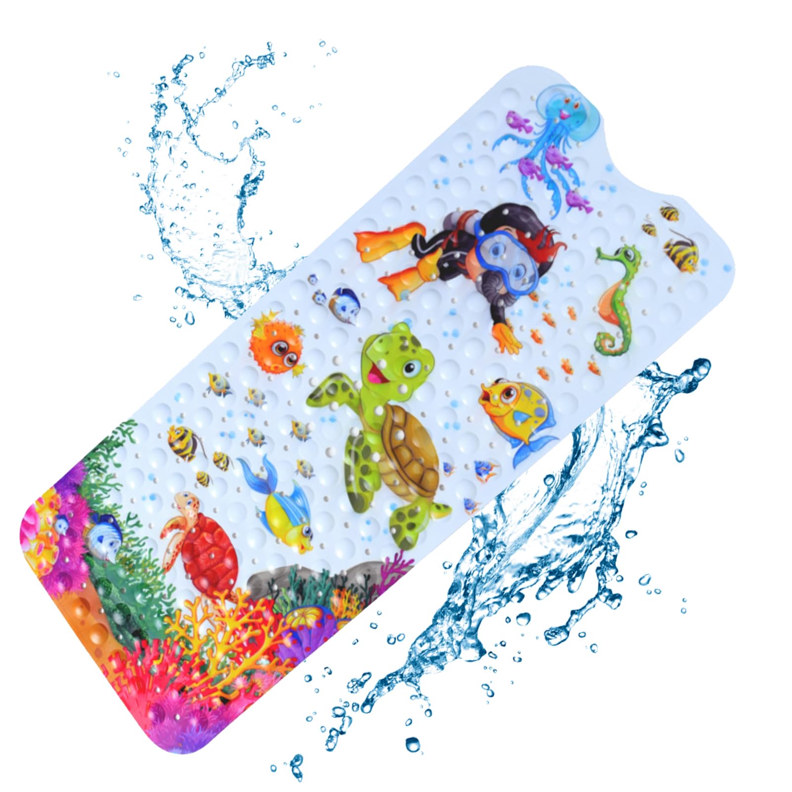 Baby Bath Mats Non Slip Anti Mould, 100x40cm Bathtub Mat with Suction Cups & Drain Holes Extra Long Cartoon Kids Bath Seat Mat Machine Washable (Sea turtle)