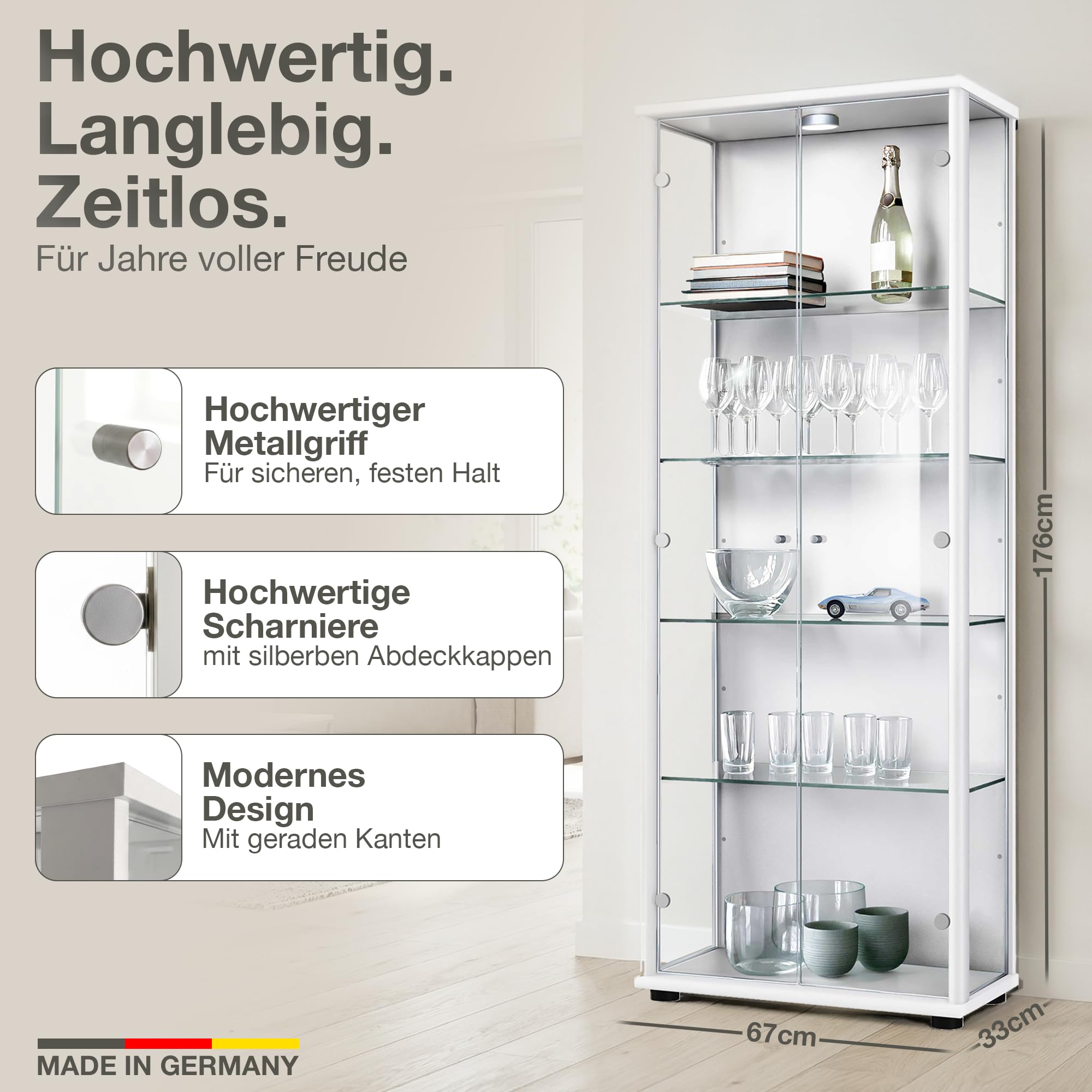 Vitrinenschrank 2-türig (176x67x33cm) - Made in Germany - Standvitrine Weiss mit 4 höhenverstellbaren Glasböden & LED - Glasvitrine Stehend - Vitrine Glas - Display Cabinet