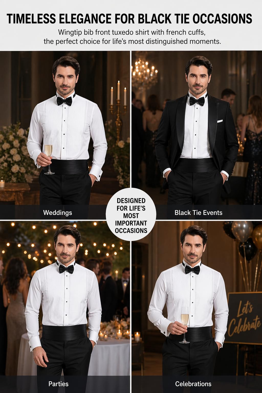 Camicia da smoking da uomo, con colletto ad aletta, polsini francesi, plissettata sul davanti, camicia formale elasticizzata, a maniche lunghe, colore bianco