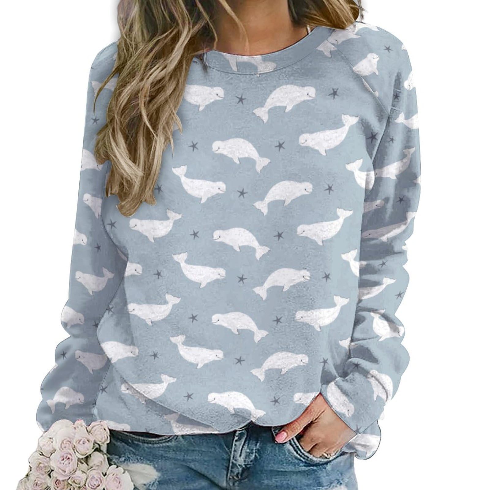 GenericWomens Long Sleeve Round Neck Shirts Funny Beluga Whales Basic Tee Casual Top Outfits T Shirts 98