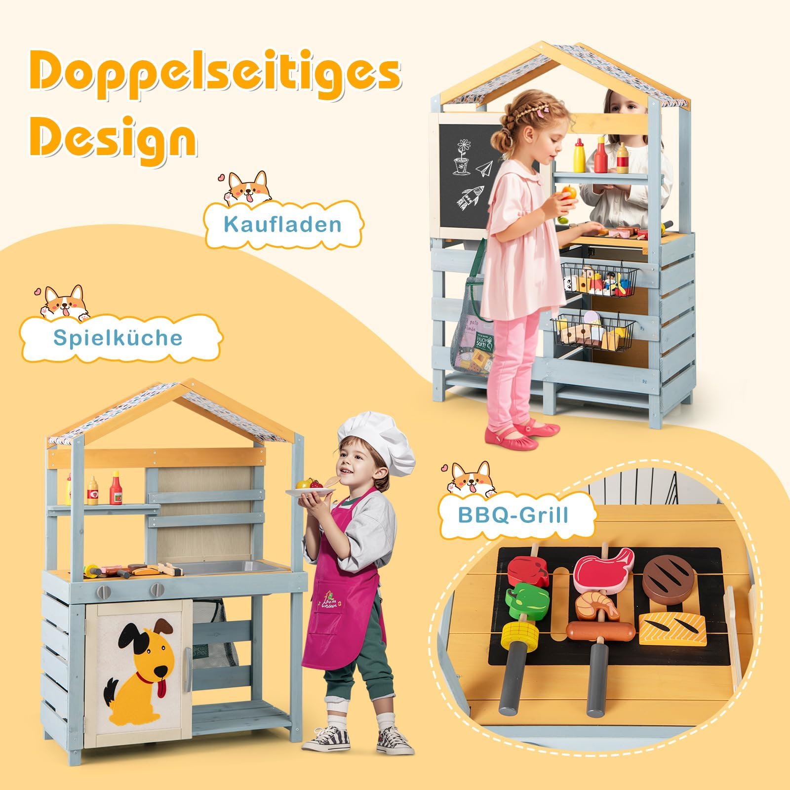 COSTWAY 2-IN-1 Matschküche Kinder Outdoor, Kinderküche Holz mit Tasche & Körben, Tafel & Zubehör, Spielküche mit ausnehmbarem Spülbecken, Outdoorküche für Kinder ab 3 Jahren