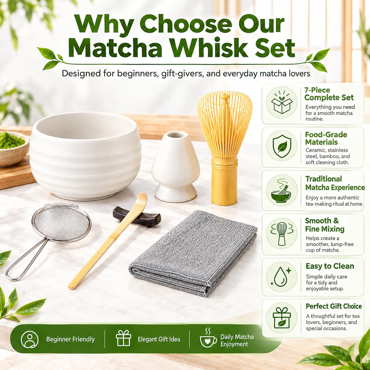 Kit complet pour matcha 7 pièces avec fouet et bol en bambou, tamis, cuillère, support pour fouet et accessoires à thé (blanc)