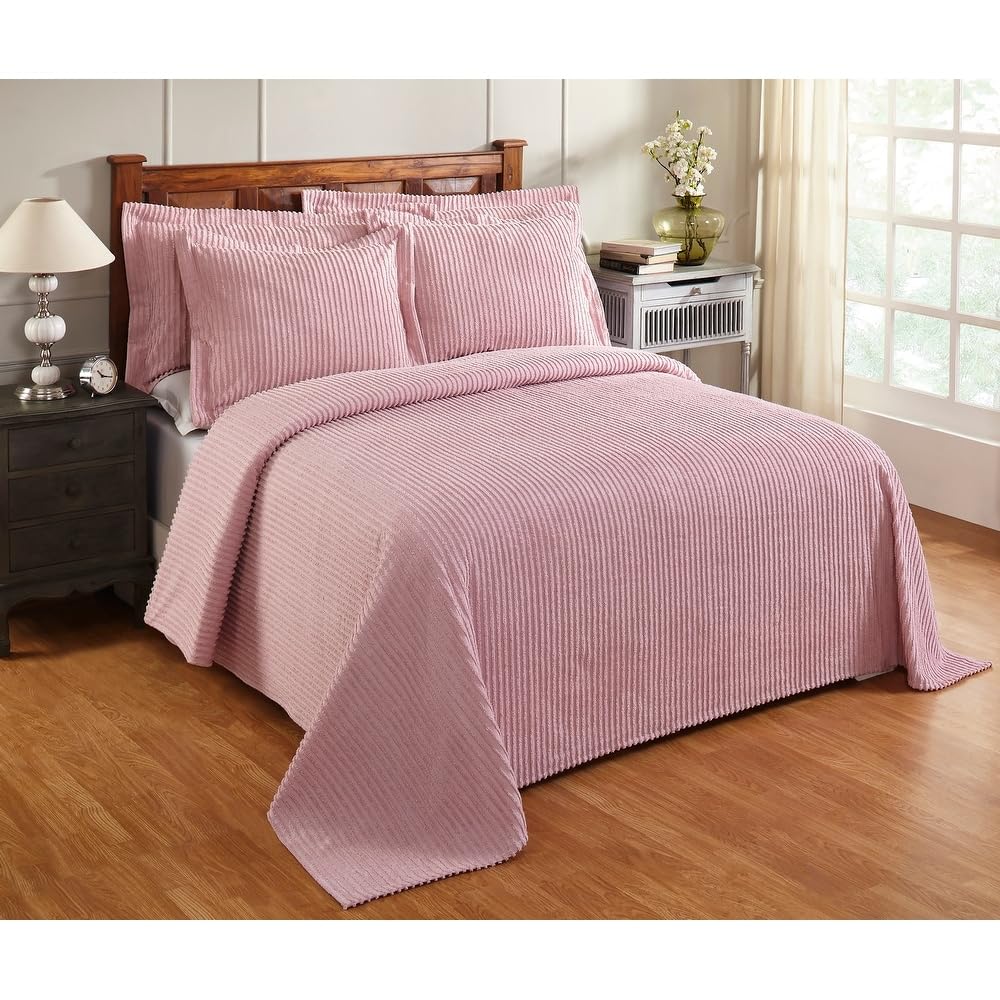2 Piece Elegant 100% Cotton Tufted Chenille Bedspread Twin Size Heirloom Quality in Stripe Design | All Seasons Baby Blush Pink Color Western Bedding Aesthetic Look Soft Plush Cozy Feel