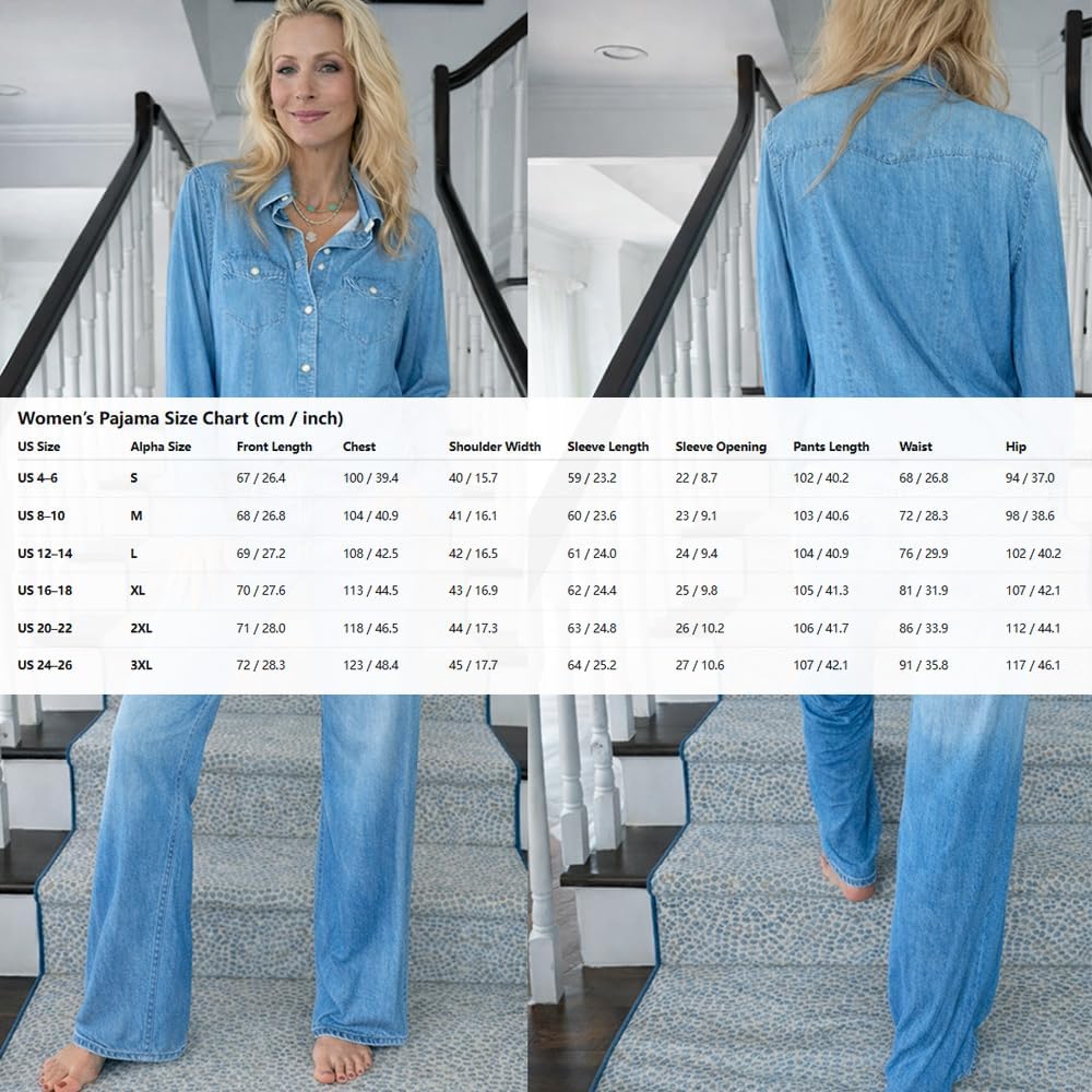 Dmxedts Womens Denim Pajama Set, Soft Stretch Lounge Sleepwear with Button Top and Wide Leg Pants, Relaxed Jean Style PJs - Image 5
