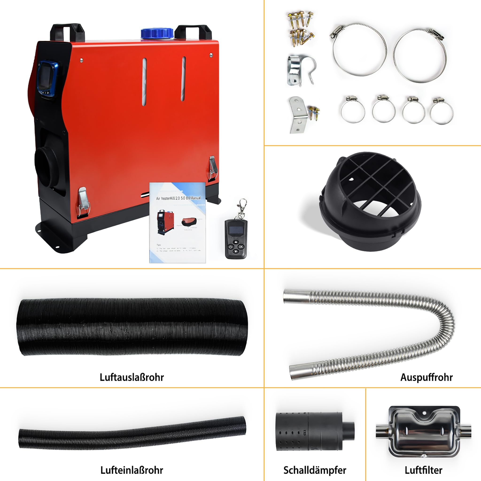 LZQ Ogrzewanie postojowe na olej napędowy 8 kW, 12 V, ogrzewanie z pilotem zdalnego sterowania, monitorem LCD i tłumikiem, do samochodów, kamperów, łodzi, ciężarówek, przyczep (czerwony, typ A)