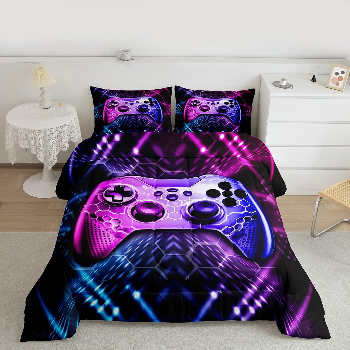 Castle Fairy Gamer Comforter Set Full Size for Boys,3 Pcs Honeycomb Comforter Video Game Bedding -All Season Soft Microfiber Down Comforter Blue Pink Gamer Bedding Sets for Kids(Gamepad Collection) image 4