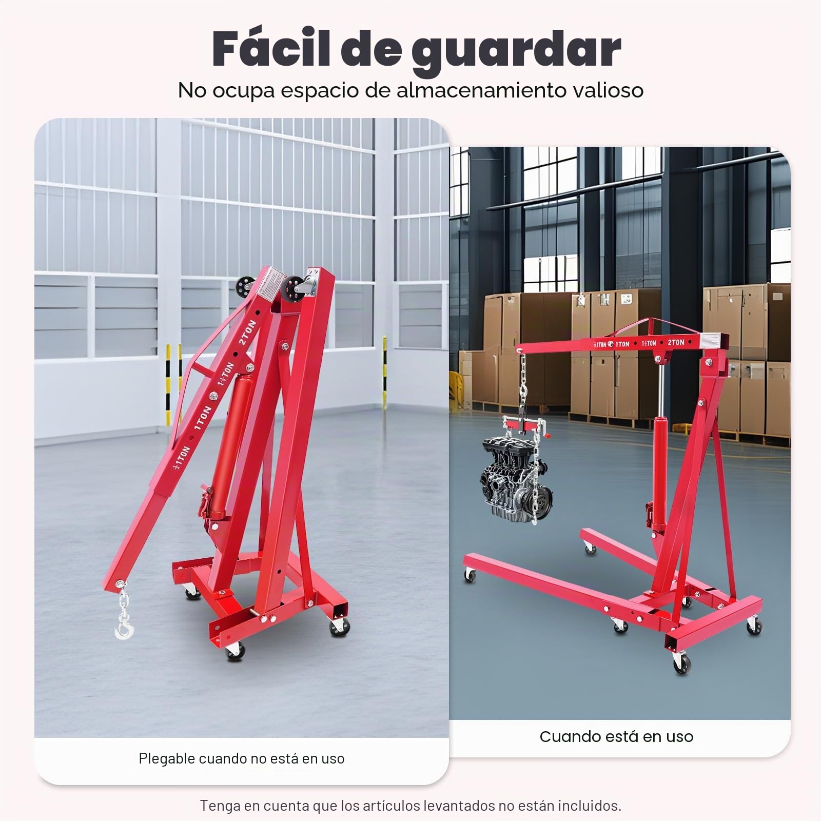 Grúa para motor, 2 toneladas, gato hidráulico con palanca de bomba, patas plegables, plataforma elevadora, elevador de coche, mango de soporte, 6 ruedas robustas, taller, garaje
