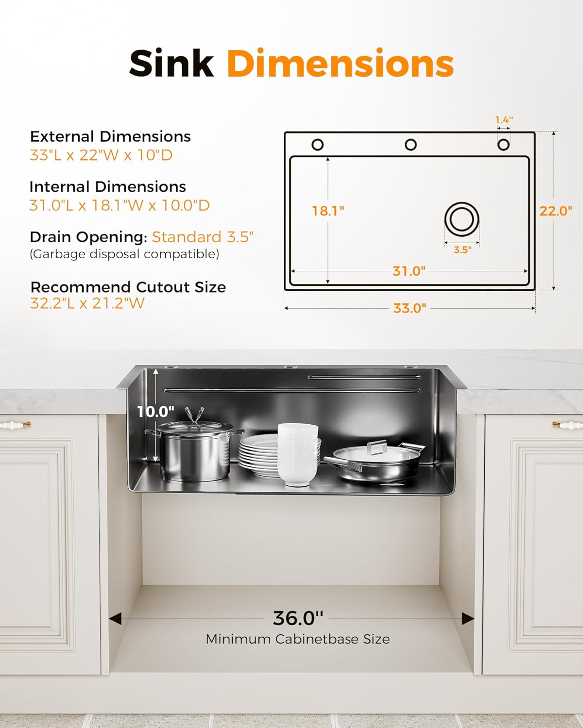 CAMMOO 33X22 Drop In Kitchen Sink with Pop-Up Drain, 304 Stainless Steel Workstation, Upgraded Fast Drain, Topmount Single Bowl with kitchen Accessories, Foldable Grid, black kitchen sink