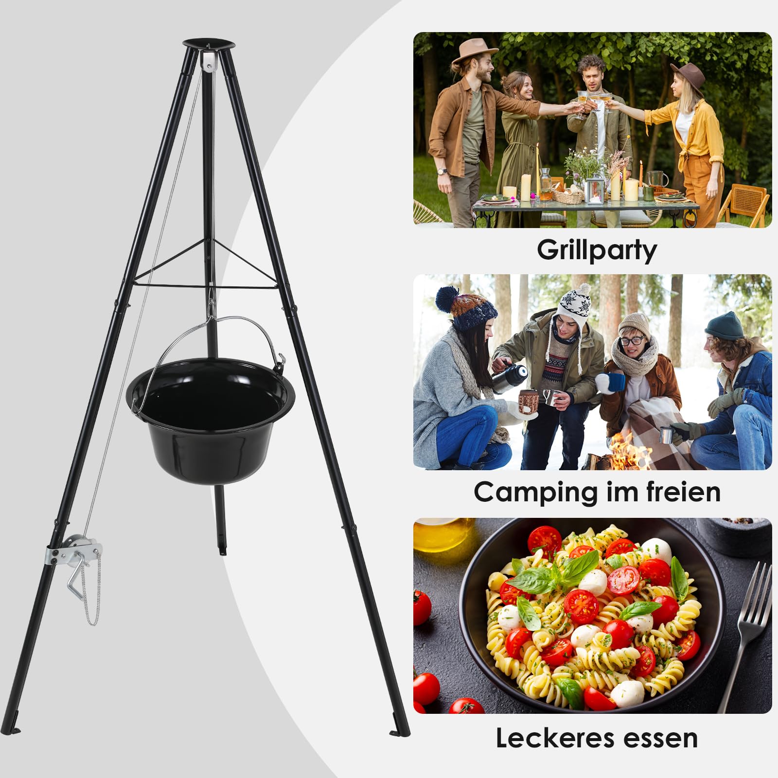 TLSUNNY 10L Gulaschkessel mit Dreibein, Original Ungarischer Gulaschtopf Emaille, Kettenhöhenverstellung, Teleskop-Dreifuß für Picknick