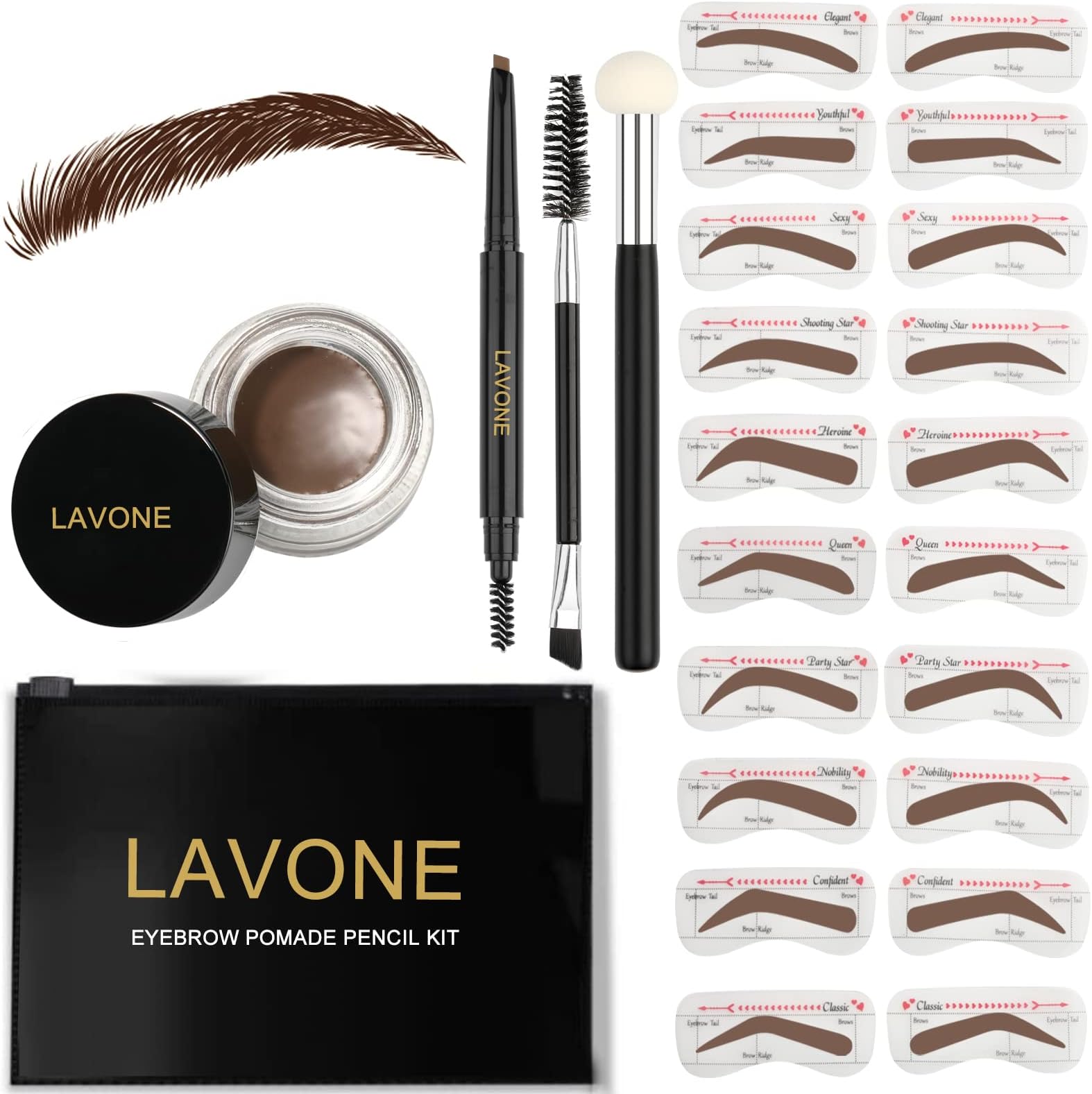 Eyebrow Stamp Stencil Kit ,Brow Stamp Trio Kit with Waterproof Eyebrow Pencil, Eyebrow Pomade, 20 Eyebrow Stencils, Dual-ended Eyebrow Brush and Sponge Applicator - Dark Brown