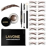 Eyebrow Stamp Stencil Kit ,Brow Stamp Trio Kit with Waterproof Eyebrow Pencil, Eyebrow Pomade, 20 Eyebrow Stencils, Dual-ended Eyebrow Brush and Sponge Applicator - Dark Brown