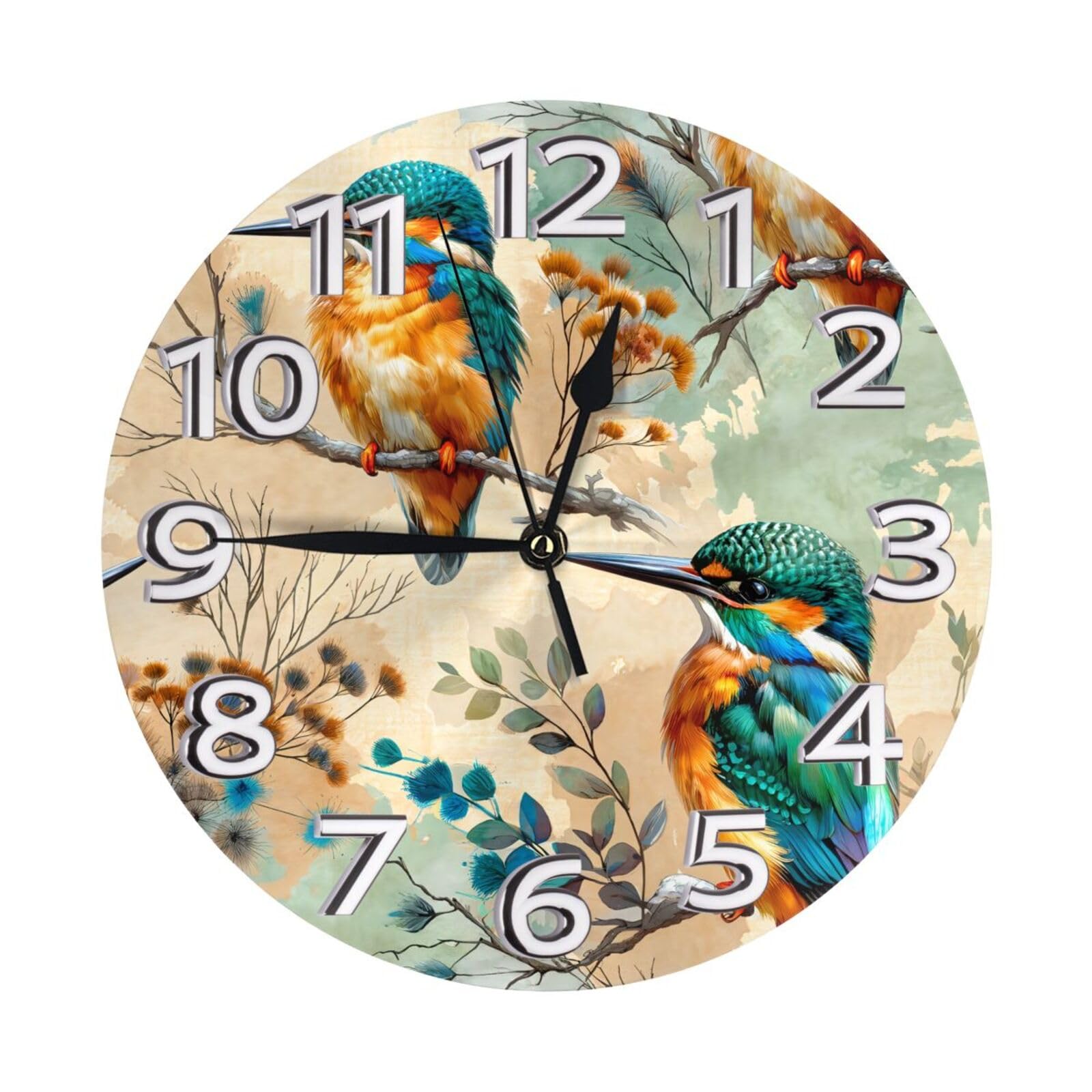 Geteruichi Silent Sweep 10‑inch Round Quartz Wall Clock Watercolor Kingfisher Birds Clock Number Non‑ticking Clock For Home,Kitchen