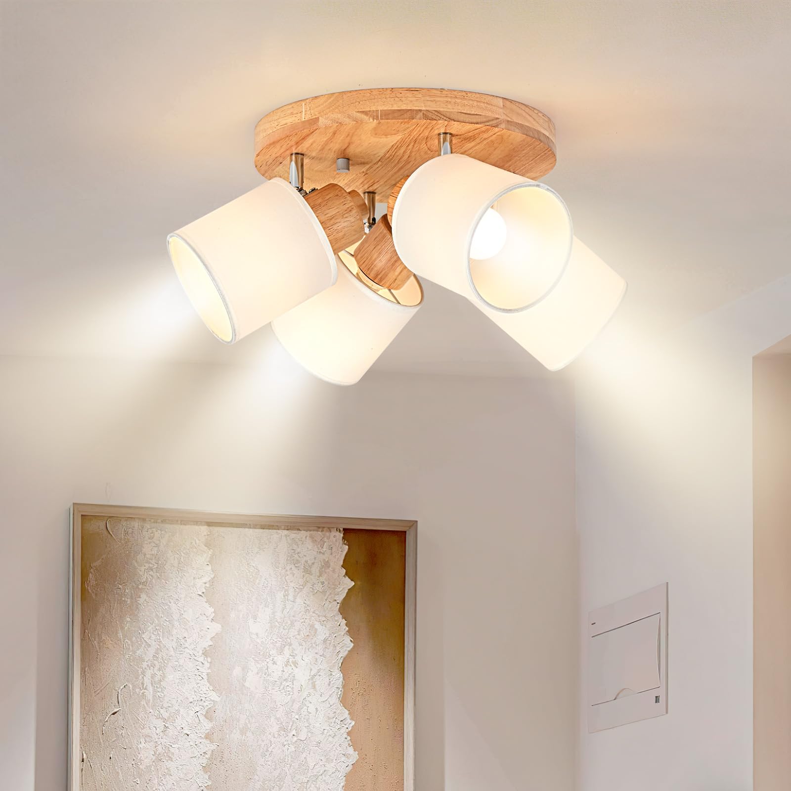 Plafoniera Lampada da Soffitto 4 Faretti Rotonda Orientabili, Legno Faretti da Soffitto Faretto da Parete Vintage Plafoniera 4 Luce E14 per Soggiorno Cucina Cameretta, Lampadina Non Inclusa