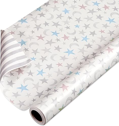 American Greetings Papel de regalo reversible de 175 pies cuadrados para baby showers, cumpleaños de niños y todas las ocasiones, luna y estrellas