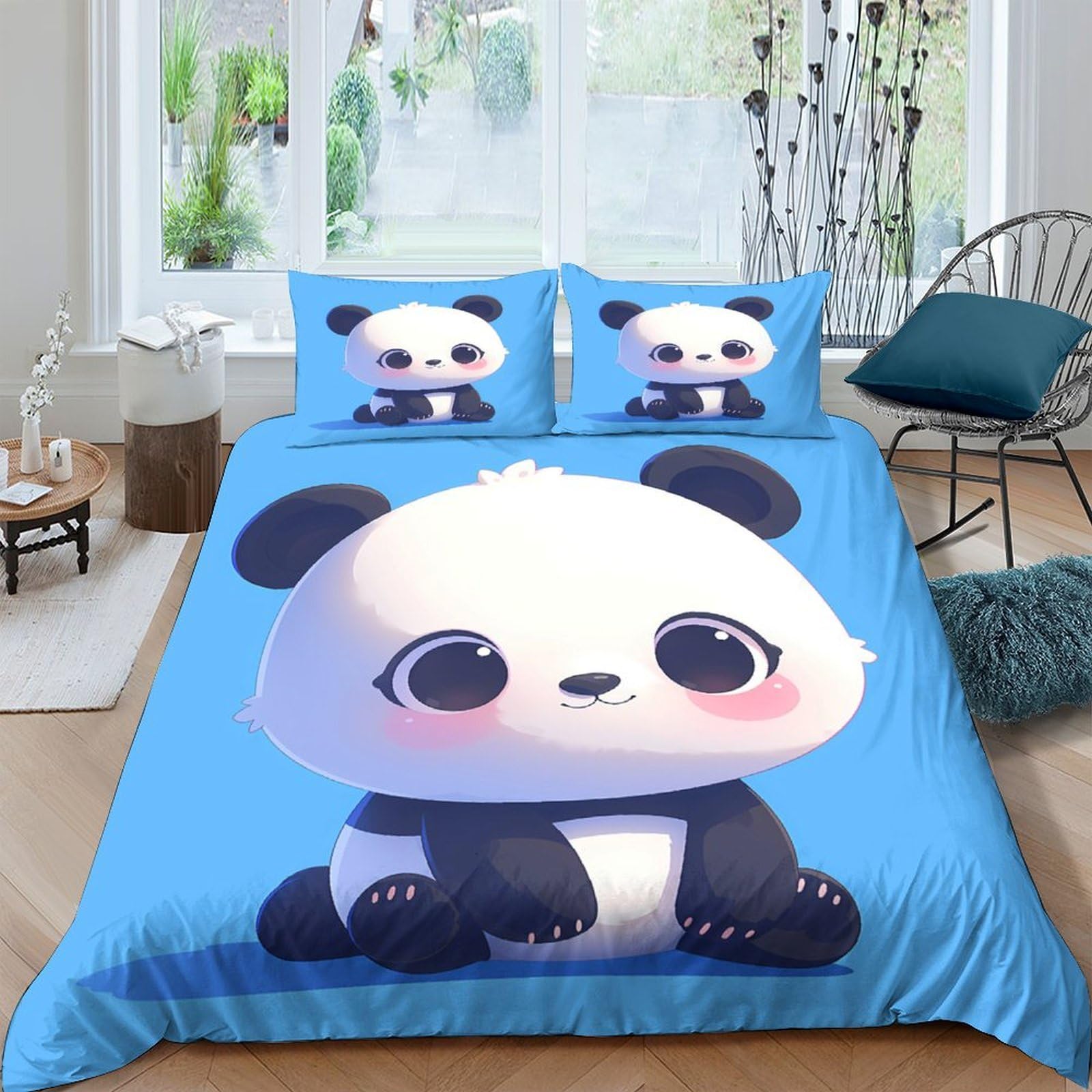TUFRTGYHN 3D Printed Cute Panda Blue Duvet Cover Microfiber Soft Breathable Cartoon Animal Bedding Set with 2 Pillowcases for Bedroom Decor Single（135x200cm）