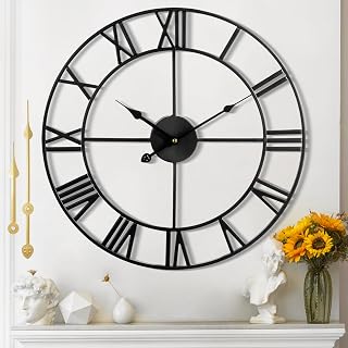 16 Inch Silent Non-Ticking Metal Wall Clock - Large Black Vintage Modern Battery Operated for Living Room, Bedroom, Office, Farmhouse Decor