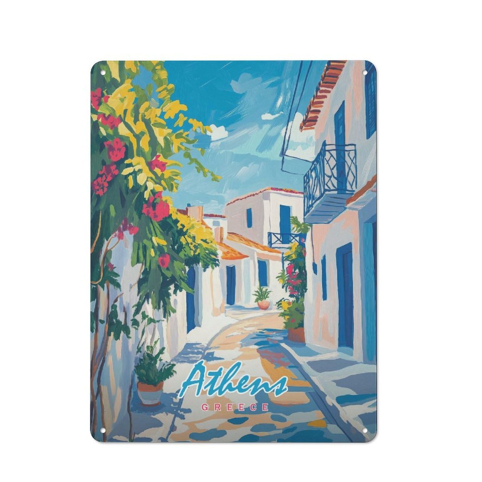 Junmoney Style-1 Athens Greece Street Painting Rustic Metal Wall Sign 40X30cm For Bar Or Restaurant, A Decorative Metal Sign For Bars And Restaurants