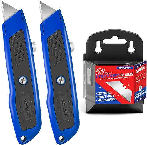 DIYSELF Juego de 2 cortadores retráctiles, cuchillo utilitario retráctil con 50 cuchillas de cuchillo utilitario, cuchillas de acero SK5, cuchillo