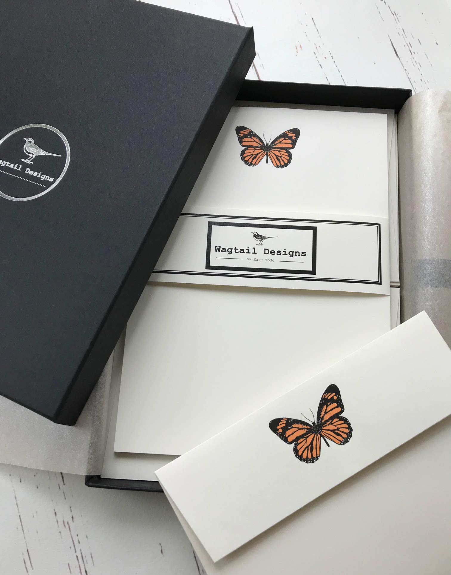 Wagtail Designs Writing Paper Gift Set with Butterfly (Orange) Design in a Lovely Black Box with Ribbon (36)