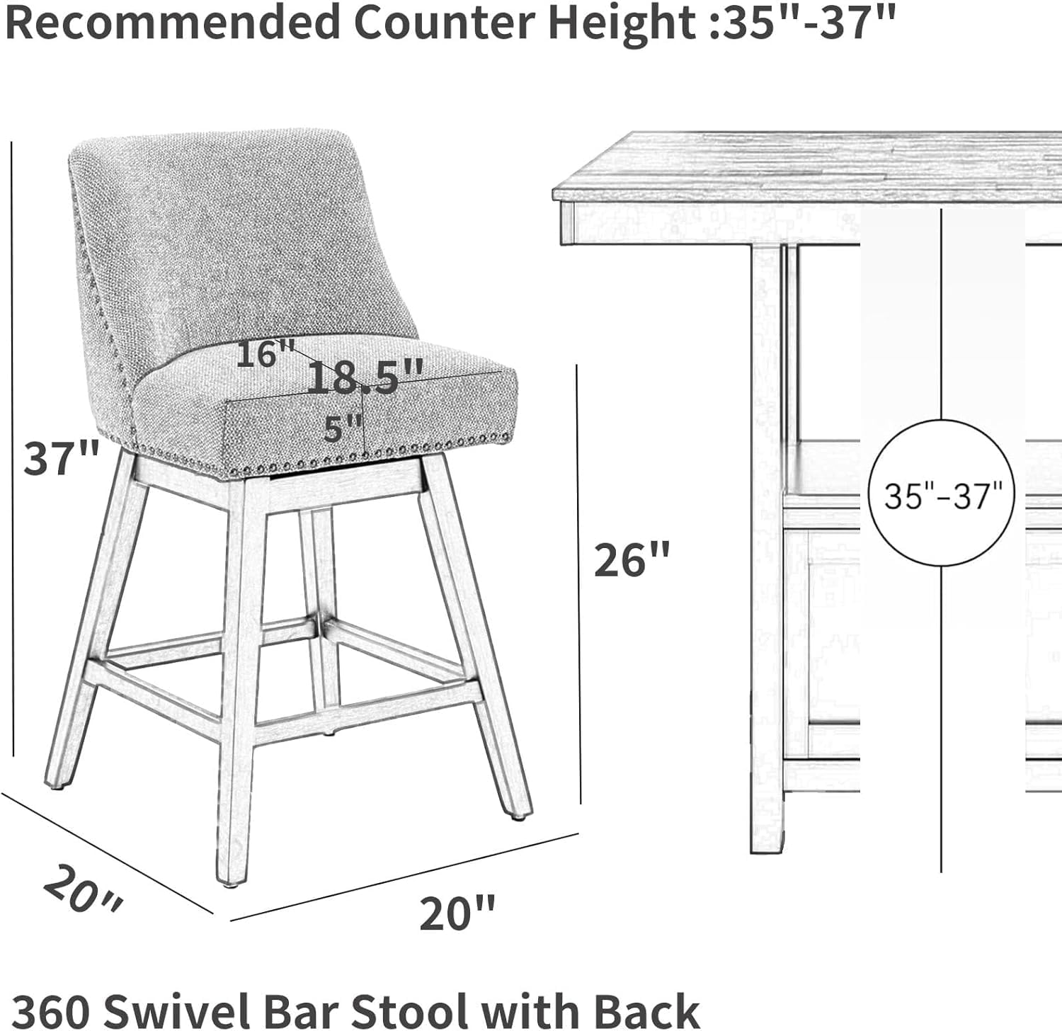 Swivel Counter Bar Chairs Set of 2, 26 Inch Wooden Bar Stools with Backs, Mid-Century Modern Solid Wood Kitchen Island Stools, 350lbs Heavy Duty, Beige Linen & Cherry Frame