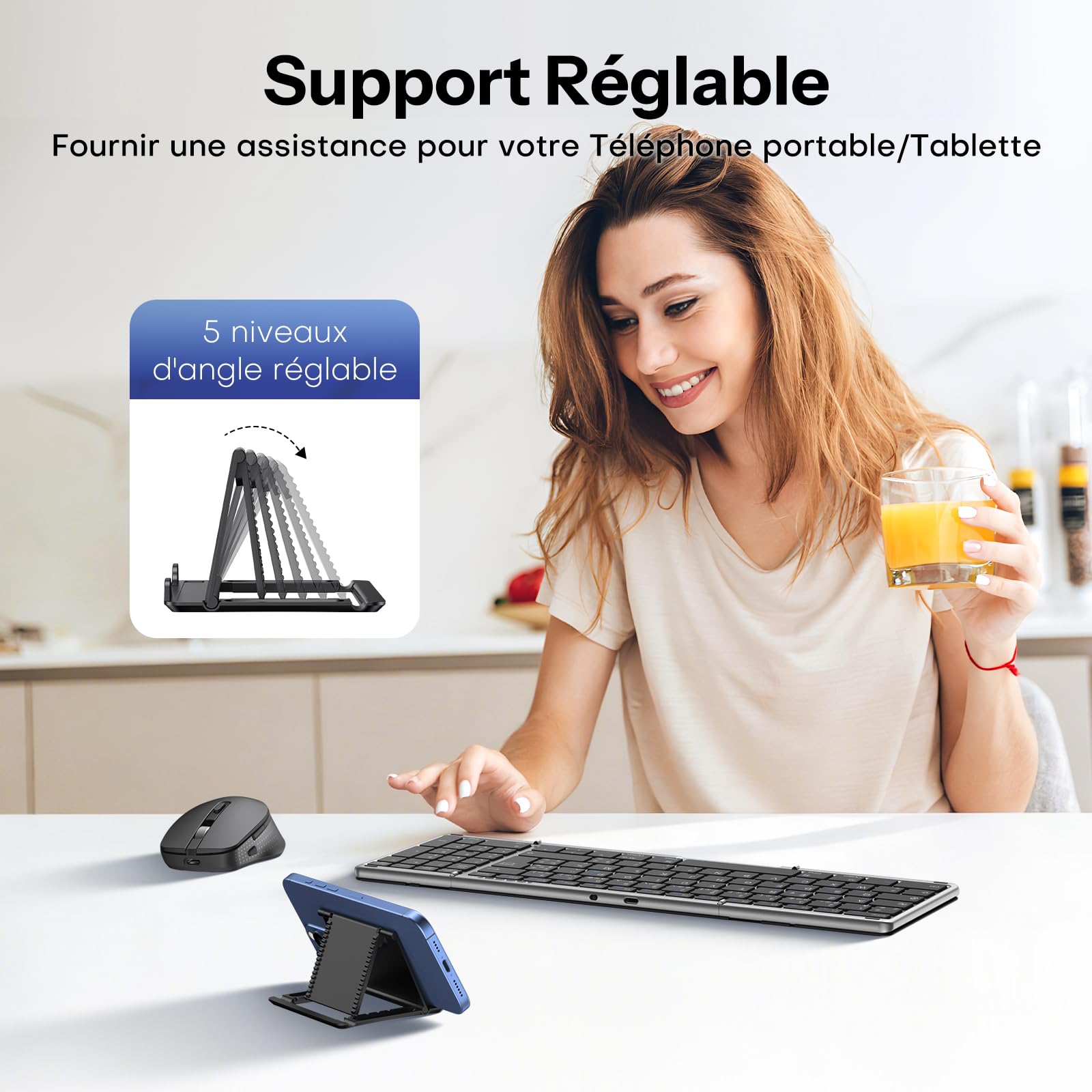 OMOTON Tastiera e mouse wireless pieghevole con tastierino numerico, tastiera bluetooth AZERTY ricaricabile, full-size portatile Keyboard per Android Windows iOS Mac iPad Tablet PC - grigio siderale