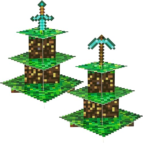 Paquete de 2 soportes para cupcakes para decoración de fiesta de cumpleaños, suministros de recuerdos de fiesta de BACUTHY Pixel, soporte de cartón