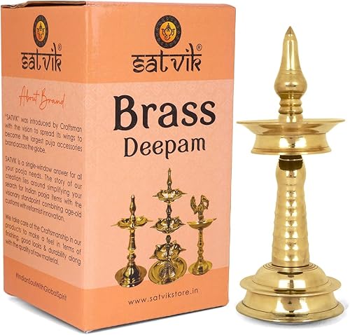 Vista 2 de SATVIK 10.5 pulgadas 1 escalón de latón de pie de metal Kerala Samai Diwali Deepak para Puja tradicional Panchmahal Pooja Deepam Diya lámpara
